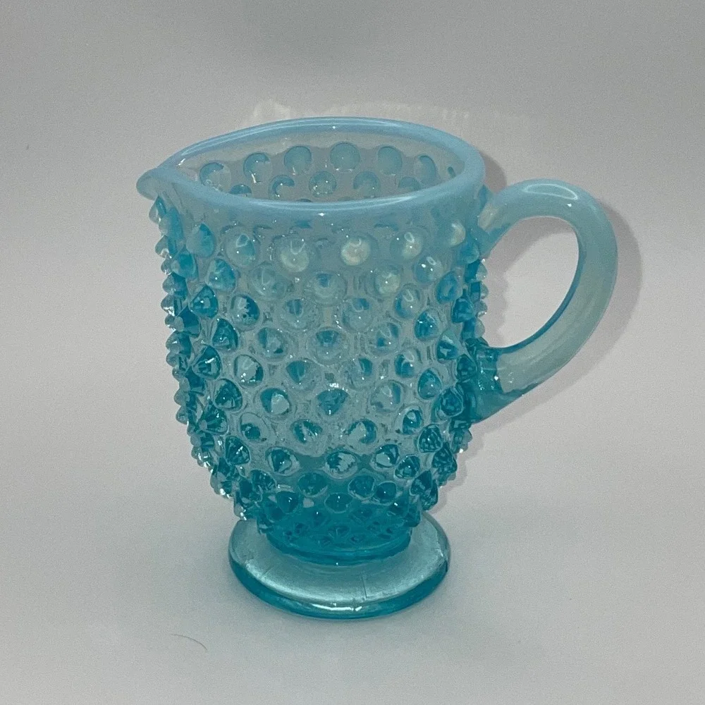 Fenton Turquoise Opalescent Hobnail Glass Mini Creamer Pitcher Vintage 3.5 Inch